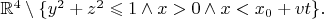 $\mathbb{R}^4\setminus\{y^2+z^2\leqslant 1\wedge x>0\wedge x<x_0+vt\}.$