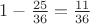$\[
1 - \frac{{25}}
{{36}} = \frac{{11}}
{{36}}
\]
$