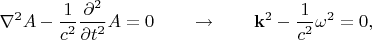 $\displaystyle\nabla^2A-\frac{1}{c^2}\frac{\partial^2}{\partial t^2}A=0\quad\quad\to\quad\quad\mathbf{k}^2-\frac{1}{c^2}\omega^2=0,$