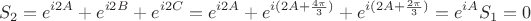 $$S_2=e^{i2A}+e^{i2B}+e^{i2C}=e^{i2A}+e^{i(2A+\frac {4\pi }3)}+e^{i(2A+\frac {2\pi }3)}=e^{iA}S_1=0$$ $$S_2=e^{i2A}+e^{i2B}+e^{i2C}=e^{i2A}+e^{i(2A+\frac {4\pi }3)}+e^{i(2A+\frac {2\pi }3)}=e^{iA}S_1=0$$