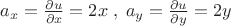 $a_x=\frac{\partial u}{\partial x}=2x\;,\; a_y=\frac{\partial u}{\partial y}=2y$