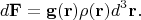 $$d\mathbf{F}=\mathbf{g}(\mathbf{r})\rho(\mathbf{r})d^3\mathbf{r}.$$