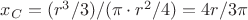 $x_C=(r^3/3)/(\pi\cdot r^2/4)=4r/3 \pi$