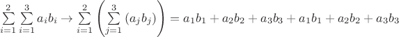 $\sum\limits_{i=1}^2\sum\limits_{i=1}^3a_ib_i\to\sum\limits_{i=1}^2\left(\sum\limits_{j=1}^3\left(a_jb_j\right)\right)=a_1b_1+a_2b_2+a_3b_3+a_1b_1+a_2b_2+a_3b_3$