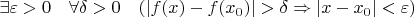 $\exists\varepsilon>0\quad \forall\delta>0\quad (|f(x) - f(x_{0})|>\delta \Rightarrow|x - x_{0}|<\varepsilon)$