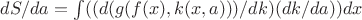 $dS/da = \int((d(g(f(x),k(x,a)))/dk)(dk/da))dx$