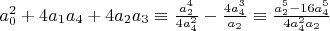 $a_0^2+4 a_1 a_4+4 a_2 a_3 \equiv \frac{a_2^4}{4 a_4^2}-\frac{4 a_4^3}{a_2} \equiv \frac{a_2^5-16 a_4^5}{4 a_4^2 a_2}$