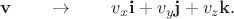 $$\mathbf{v}\qquad\to\qquad v_x\mathbf{i}+v_y\mathbf{j}+v_z\mathbf{k}.$$