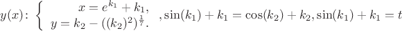 $y(x) \colon \left\{\begin{array}{rcl} x=e^{k_1}+k_1, \\ y=k_2-((k_2)^2)^{\frac 1 7}. \\\end{array}\right. , \sin (k_1)+ k_1=\cos (k_2)+k_2, \sin (k_1)+ k_1=t$