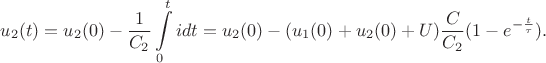 $$u_2(t)=u_2(0)-\frac{1}{C_2}\int\limits_0^t idt=u_2(0)-(u_1(0)+u_2(0)+U)\frac{C}{C_2}(1-e^{-\frac{t}{\tau}}).$$