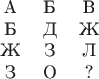 $$\begin{tabular}{ccc} А & Б & В \\ Б & Д & Ж \\ Ж & З & Л \\ З & О & ? \end{tabular}$$