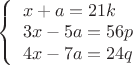 $\left\{ \begin{array}{l}
x+a=21k \\
3x-5a=56p\\
4x-7a=24q
\end{array} \right.$