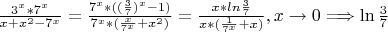 ${\frac{3^x*7^x}{x+x^2-7^x}}={\frac{7^x*((\frac{3}{7})^x-1)}{7^x*(\frac{x}{7^x}+{x^2})}}={\frac{x*ln\frac{3}{7}}{x*(\frac{1}{7^x}+x)},  x\to 0 \Longrightarrow \ln\frac{3}{7}$