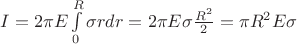 $I=2\pi E \int\limits_{0}^{R}\sigma r dr =2\pi E \sigma \frac{R^2}{2}=\pi R^2 E \sigma$