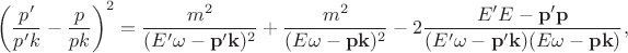 $$\left(\frac{p'}{p'k}-\frac{p}{pk}\right)^2=\frac{m^2}{(E'\omega-\mathbf{p'k})^2}+\frac{m^2}{(E\omega-\mathbf{pk})^2}-2\frac{E'E-\mathbf{p'p}}{(E'\omega-\mathbf{p'k})(E\omega-\mathbf{pk})},$$