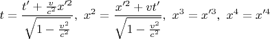 $$t=\frac{t'+\frac{v}{c^{2} } x'^{2} }{\sqrt{1-\frac{v^{2} }{c^{2} } } },\,\,       x^{2} =\frac{x'^{2} +vt'}{\sqrt{1-\frac{v^{2} }{c^{2} } } } ,\,\,x^{3} =x'^{3},\,\,x^{4} =x'^{4}$$
