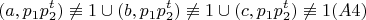 $$НОД(a, p_{1}p_{2}^{t})\not \equiv 1 \cup НОД(b, p_{1}p_{2}^{t})\not \equiv 1 \cup НОД(c, p_{1}p_{2}^{t})\not \equiv 1 (A 4)$$