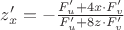 $z'_x=-\frac{F'_u+4x \cdot F'_v}{F'_u+8z \cdot F'_v}$
