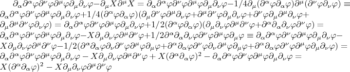 $\partial_{\alpha}\partial^{\alpha}\varphi\partial^{\nu}\varphi\partial^{\mu}\varphi\partial_\mu\partial_\nu\varphi-\partial_\mu X \partial^{\mu} X= \partial_{\alpha}\partial^{\alpha}\varphi\partial^{\nu}\varphi\partial^{\mu}\varphi\partial_\mu\partial_\nu\varphi-1/4\partial_\mu (\partial^{\alpha}\varphi\partial_{\alpha} \varphi ) \partial^{\mu} (\partial^{\nu}\varphi\partial_{\nu} \varphi) \equiv
\partial_{\alpha}\partial^{\alpha}\varphi\partial^{\nu}\varphi\partial^{\mu}\varphi\partial_\mu\partial_\nu\varphi+1/4 (\partial^{\alpha}\varphi\partial_{\alpha} \varphi )  ( \partial_\mu\partial^{\nu}\varphi\partial^{\mu}\partial_{\nu} \varphi+ \partial^{\mu}\partial^{\nu}\varphi \partial_\mu\partial_{\nu} \varphi+ \partial^{\nu}\varphi\partial_\mu\partial^{\mu}\partial_{\nu} \varphi+ \partial_\mu\partial^{\mu}\partial^{\nu}\varphi \partial_{\nu} \varphi)  = \partial_{\alpha}\partial^{\alpha}\varphi\partial^{\nu}\varphi\partial^{\mu}\varphi\partial_\mu\partial_\nu\varphi+1/2(\partial^{\alpha}\varphi\partial_{\alpha} \varphi )(\partial_\mu\partial_\nu\varphi\partial^{\mu}\partial^{\nu}\varphi + \partial^{\alpha}\partial_{\alpha}\partial_{\nu}\varphi\partial^{\nu}\varphi) = \partial_{\alpha}\partial^{\alpha}\varphi\partial^{\nu}\varphi\partial^{\mu}\varphi\partial_\mu\partial_\nu\varphi -X\partial_\mu\partial_\nu\varphi\partial^{\mu}\partial^{\nu}\varphi + 1/2 \partial^{\alpha}\partial_{\alpha}\partial_{\nu}\varphi\partial^{\nu}\varphi   \partial^{\mu}\varphi\partial_{\mu} \varphi \equiv 
 \partial_{\alpha}\partial^{\alpha}\varphi\partial^{\nu}\varphi\partial^{\mu}\varphi\partial_\mu\partial_\nu\varphi-X\partial_\mu\partial_\nu\varphi\partial^{\mu}\partial^{\nu}\varphi - 1/2( \partial^{\alpha}\partial_{\alpha}\varphi \partial_{\nu}\partial^{\nu}\varphi   \partial^{\mu}\varphi\partial_{\mu} \varphi+\partial^{\alpha}\partial_{\alpha}\varphi\partial^{\nu}\varphi   \partial_{\nu}\partial^{\mu}\varphi\partial_{\mu} \varphi+\partial^{\alpha}\partial_{\alpha}\varphi\partial^{\nu}\varphi   \partial^{\mu}\varphi\partial_{\mu}\partial_{\nu} \varphi )
= \partial_{\alpha}\partial^{\alpha}\varphi\partial^{\nu}\varphi\partial^{\mu}\varphi\partial_\mu\partial_\nu\varphi-X\partial_\mu\partial_\nu\varphi\partial^{\mu}\partial^{\nu}\varphi + X(\partial^{\alpha}\partial_{\alpha}  \varphi)^2 - \partial_{\alpha}\partial^{\alpha}\varphi\partial^{\nu}\varphi\partial^{\mu}\varphi\partial_\mu\partial_\nu\varphi= X(\partial^{\alpha}\partial_{\alpha}  \varphi)^2-X\partial_\mu\partial_\nu\varphi\partial^{\mu}\partial^{\nu}\varphi$