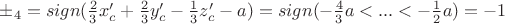 $\pm_4=sign(\frac{2}{3}x_c'+\frac{2}{3}y_c'-\frac{1}{3}z_c'-a)=sign(-\frac{4}{3}a<...<-\frac{1}{2}a)=-1$ $\pm_4=sign(\frac{2}{3}x_c'+\frac{2}{3}y_c'-\frac{1}{3}z_c'-a)=sign(-\frac{4}{3}a<...<-\frac{1}{2}a)=-1$