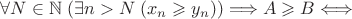 $ \forall N \in \mathbb N \; (\exists n>N \; (x_n \geqslant y_n)) \Longrightarrow A \geqslant B  \Longleftrightarrow $