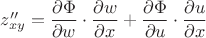$z''_{xy}=\dfrac{\partial \Phi}{\partial w}\cdot \dfrac{\partial w}{\partial x}+\dfrac{\partial \Phi}{\partial u}\cdot \dfrac{\partial u}{\partial x}$