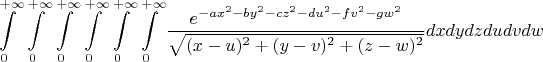 $$\int\limits_0^{+\infty}\int\limits_0^{+\infty}\int\limits_0^{+\infty}\int\limits_0^{+\infty}\int\limits_0^{+\infty}\int\limits_0^{+\infty}\frac{e^{-ax^2-by^2-cz^2-du^2-fv^2-gw^2}}{\sqrt{(x-u)^2+(y-v)^2+(z-w)^2}}dxdydzdudvdw$$