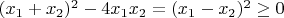 $(x_1 + x_2)^2 - 4x_1x_2 = (x_1 - x_2)^2 \geq 0$
