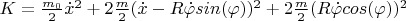 $K=\frac{m_0}{2}\dot x^2+2 \frac{m}{2}(\dot x -R \dot\varphi sin(\varphi))^2 + 2 \frac{m}{2}(R \dot\varphi cos(\varphi))^2$