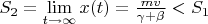 $S_2=\lim\limits_{t\to\infty}x(t)=\frac{mv}{\gamma+\beta}<S_1$