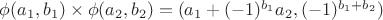 $ \phi(a_1,b_1) \times \phi(a_2,b_2) = (a_1+(-1)^{b_1} a_2,(-1)^{b_1+b_2})  $