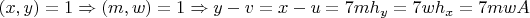 $(x,y)=1 \Rightarrow (m,w)=1 \Rightarrow y-v=x-u=7mh_y=7wh_x=7mwA$