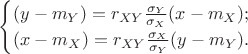 $$ \begin{cases}(y-m_Y)=r_{XY}{\sigma_Y\over\sigma_X}(x-m_X); \\ (x-m_X)=r_{XY}{\sigma_X\over\sigma_Y}(y-m_Y). \end{cases}$$
