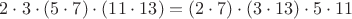 $2\cdot 3\cdot (5\cdot 7)\cdot(11\cdot13)=(2\cdot 7)\cdot(3\cdot 13)\cdot 5\cdot11$