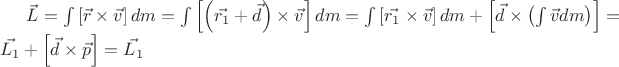 $\vec{L} = \int \left[ \vec{r} \times \vec{v}\right] dm = \int \left[\left( \vec{r_1}+ \vec{d}\right) \times \vec{v}\right] dm = \int \left[ \vec{r_1} \times \vec{v}\right] dm  + \left[ \vec{d} \times \left(\int\vec{v}dm\right)\right]   = \vec{L_1}+\left[ \vec{d} \times \vec{p}\right] = \vec{L_1}$