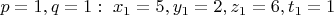 $p=1,q=1:\ x_1=5,y_1=2,z_1=6,t_1=1$