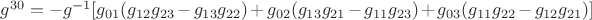 ${g^{30}} = {{-g}^{-1}}[{g_{01}}({g_{12}}{g_{23}} - {g_{13}}{g_{22}}) + {g_{02}}({g_{13}}{g_{21}} - {g_{11}}{g_{23}}) + {g_{03}}({g_{11}}{g_{22}} - {g_{12}}{g_{21}})]$