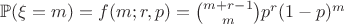 $\mathbb{P}(\xi = m) = f(m;r,p) = {m+r-1 \choose m}p^r(1-p)^m $