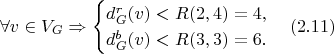 $$\forall v \in V_G \Rightarrow
		\begin{cases}
			d_G^r(v) < R(2, 4) = 4,\\
			d_G^b(v) < R(3, 3) = 6.
		\end{cases} (2.11)$$