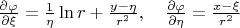$\frac{\partial\varphi}{\partial\xi}=\frac{1}{\eta}\ln r + \frac{y-\eta}{ r^2}, \quad \frac{\partial\varphi}{\partial\eta}=\frac{x-\xi}{r^2}$