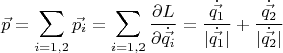 $$\vec p=\sum_{i=1,2}\vec{p_i}=\sum_{i=1,2}\frac{\partial L}{\partial \dot{\vec {q_i}}}=\frac{\dot{\vec {q_1}}}{|\dot{\vec {q_1}}|}+\frac{\dot{\vec {q_2}}}{|\dot{\vec {q_2}}|}$$
