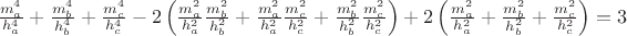 $\frac{m_a^4}{h_a^4}+\frac{m_b^4}{h_b^4}+\frac{m_c^4}{h_c^4}-2\left(\frac{m_a^2}{h_a^2}\frac{m_b^2}{h_b^2}+\frac{m_a^2}{h_a^2}\frac{m_c^2}{h_c^2}+\frac{m_b^2}{h_b^2}\frac{m_c^2}{h_c^2}\right)+2\left(\frac{m_a^2}{h_a^2}+\frac{m_b^2}{h_b^2}+\frac{m_c^2}{h_c^2}\right)=3$