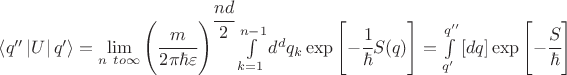 $\left\langle q'' \left\lvert U \right\rvert q' \right\rangle= \lim\limits_{n\ to \infty} \left( \cfrac{m}{2\pi\hbar \varepsilon} \right)^{\cfrac{nd}{2}} \int \Prod\limits_{k=1}^{n-1} d^d q_k \exp \left[ -\cfrac{1}{\hbar} S(q) \right]=\int\limits_{q'}^{q''} \left[ dq \right] \exp\left[-\cfrac{S}{\hbar} \right] $