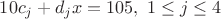 $10c_j+d_jx=105,\,\, 1 \le j \le 4$