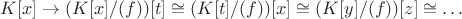 $K[x]\to (K[x]/(f))[t]\cong (K[t]/(f))[x]\cong (K[y]/(f))[z]\cong\dots$