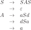 $\begin{array}{rcl} 
S & \to & SAS \\ 
& \to & \varepsilon \\ 
A & \to & aSd \\ 
& \to & dSa \\
& \to & a 
\end{array}$