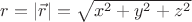 $r=|\vec r|=\sqrt{x^2+y^2+z^2}$