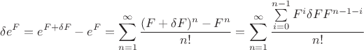 $$\delta e^F = e^{F+\delta F}-e^F= \sum\limits_{n=1}^{\infty} \frac{(F+\delta F)^n-F^n}{n!}=\sum\limits_{n=1}^{\infty}\frac{\sum\limits_{i=0}^{n-1} F^i\delta F F^{n-1-i}}{n!}$$