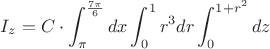 $I_z=C\cdot \displaystyle\int^{\frac{7\pi}{6}}_{\pi}dx\int_{0}^{1}r^3dr\int_{0}^{1+r^2}dz$