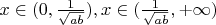 $x \in (0, \frac{1}{\sqrt{ab}}), x \in(\frac{1}{\sqrt{ab}}, +\infty)$